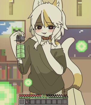 1girl animal_ears black_eyes black_shirt blush bottomless calico_(pattern) cat_(minecraft) cat_ears cat_girl cat_tail collar condom condom_wrapper furry furry_female heads-up_display health_bar heart heart-shaped_pupils highres indoors lever looking_at_viewer mike_no_hito minecraft piston pov pov_hands shirt single_bare_shoulder slime_(substance) solo_focus symbol-shaped_pupils tail user_interface