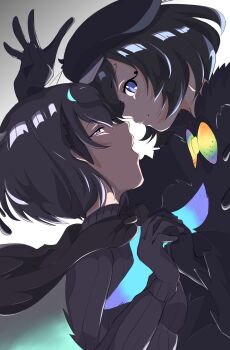 2girls antennae bird_girl bird_tail bird_wings black_cape black_eyes black_hair black_sweater blue_bow blue_bowtie blue_eyes blush bow bowtie cape gloves gradient_bow gradient_bowtie hair_between_eyes hat head_wings highres interlocked_fingers kamisamanosaba kemono_friends long_sleeves looking_at_viewer multicolored_bow multicolored_bowtie multiple_girls open_mouth short_hair smile superb_bird-of-paradise_(kemono_friends) sweater tail western_parotia_(kemono_friends) wings