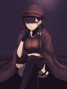 1girl arm_out_of_sleeve black_gloves black_hair black_thighhighs breasts brown_coat brown_hat buttons closed_mouth coat commentary_request commission cropped_legs crossed_legs down_coat earrings fingerless_gloves gloves green_eyes hair_spread_out hand_on_own_chin hat head_rest highres hood hooded_coat jewelry long_hair long_sidelocks looking_at_viewer medium_breasts newsboy_cap original oshamu pouch sidelocks sitting skeb_commission solo star_(symbol) star_earrings striped_coat thigh_pouch thigh_strap thighhighs vertical-striped_coat very_long_hair