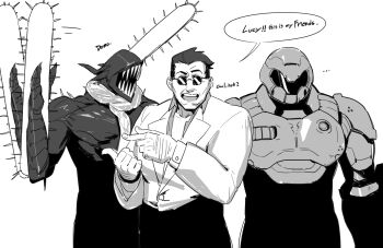 ... 3boys arm_hair chainsaw_devil chainsaw_man comic crossover demon doom_(2016) doom_(series) doomguy english_text formal_clothes helltaker helltaker_(character) helm helmet highres hong_doo male_focus multiple_boys open_mouth pointing pointing_at_another praetor_suit round_eyewear sharp_teeth speech_bubble suit sunglasses teeth