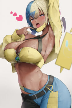 1girl absurdres arm_up armpits belt black_belt blonde_hair blue_eyes blue_hair breasts bsmage canari_(pokemon) cropped_jacket dark-skinned_female dark_skin gen_4_pokemon heart highres jacket large_breasts looking_at_viewer mask mask_pull midriff mouth_mask multicolored_hair navel nintendo pants pokemon pokemon_legends:_z-a rotom rotom_phone simple_background solo split-color_hair stomach sweat tongue tongue_out twintails yellow_jacket
