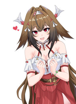 1girl animal_ears bare_shoulders bracelet breasts brown_hair collarbone commentary cowboy_shot droopy_ears english_commentary frilled_shirt frills hair_intakes heart highres horse_ears horse_girl jewelry long_hair looking_at_viewer maxwelzy medium_breasts off-shoulder_shirt off_shoulder official_alternate_costume open_mouth red_eyes red_skirt shirt shirt_tucked_in simple_background skirt solo white_background white_shirt ye_shunguang ye_shunguang_(touch_of_dawnlight) zenless_zone_zero