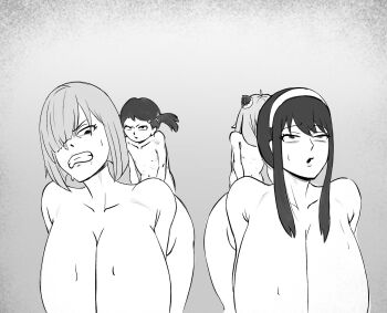 2futa 2girls :o age_difference all_fours angry anya_(spy_x_family) becky_blackbell breasts clenched_teeth doggystyle fiona_frost futa_with_female futanari grey_background hair_ornament hair_over_one_eye huge_breasts inseki keizzzu loli long_hair medium_hair monochrome mother_and_child mother_and_daughter multiple_futa multiple_girls nervous open_mouth parent_and_child rolling_eyes sex sex_from_behind simple_background size_difference spy_x_family sweat teeth twintails yor_briar
