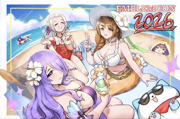 2026 5girls afloat animal_hood aqua_fur bare_arms bare_shoulders beach bear_hood bernadetta_von_varley bernadetta_von_varley_(summer) bikini blanket blue_bikini blue_fur blue_hair blue_sky blush braid breasts brown_hair buried burnt_green_tea butterfly_mask camilla_(fire_emblem) camilla_(tropical_beauty)_(fire_emblem) casual_one-piece_swimsuit champagne_flute cinnamon_stick cleavage closed_eyes closed_mouth cloud collarbone commentary cup day drinking_glass eating edelgard_von_hresvelg edelgard_von_hresvelg_(summer) english_commentary female_focus fire_emblem fire_emblem:_three_houses fire_emblem_awakening fire_emblem_engage fire_emblem_fates fire_emblem_heroes flower food frilled_one-piece_swimsuit frills from_above gold_sarong goldmary_(fire_emblem) goldmary_(summer)_(fire_emblem) hair_flower hair_ornament hair_over_one_eye hair_ribbon hat hat_flower highres holding holding_cup holding_spoon hood ice_cream in-franchise_crossover innertube jewelry large_breasts long_hair looking_at_viewer looking_up lucina_(fire_emblem) lucina_(summer)_(fire_emblem) mask multiple_girls navel nintendo ocean official_alternate_costume on_innertube one-piece_swimsuit open_mouth outdoors pink_eyes purple_bikini purple_eyes purple_hair purple_sarong red_one-piece_swimsuit ribbon sand sarong short_hair single-shoulder_one-piece_swimsuit sky small_breasts smile sommie_(fire_emblem) spoon sun_hat sunglasses swim_ring swimsuit very_long_hair water wavy_hair white_bikini white_hair yellow_eyes yellow_sarong