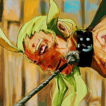 1boy black_choker black_collar blonde_hair blood blood_on_face blurry blurry_background bruise bruise_on_face bruise_on_shoulder captured choker collar commentary dirty dirty_face ghetsis_(pokemon) hair_slicked_back highres hunched_over injury jabonju380 leash long_hair looking_at_another looking_up male_focus nintendo nude outdoors parted_lips pokemon pokemon_bw red_eyes rope rope_around_neck scratches solo upper_body