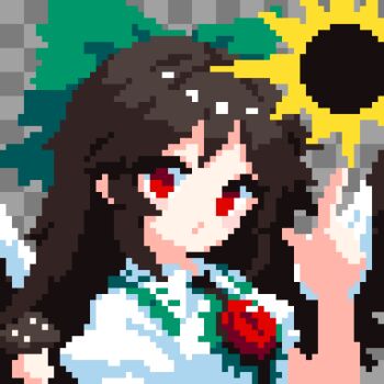 Rule 34 | 1girl, black hair, bow, checkered background, commentary request, green bow, grey background, hair bow, highres, long hair, looking at viewer, mushroom, pixel art, red eyes, reiuji utsuho, short sleeves, takeez3, third eye, touhou, upper body