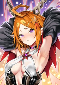 1girl absurdres armpits arms_behind_back arms_up black_choker black_sleeves blush breasts choker collarbone commentary_request detached_sleeves duel_monster elvennotes_lucina hair_ornament highres light_blush long_sleeves looking_at_viewer medium_breasts open_mouth orange_hair pantyhose ponytail purple_eyes solo sweat synchroman upper_body yu-gi-oh!