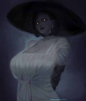 1girl alcina_dimitrescu arms_behind_back black_hair breasts cleavage dress earrings elbow_gloves gabriel_carrasquillo gloves glowing glowing_eyes hat jewelry large_breasts lipstick makeup mature_female pale_skin pearl_earrings red_lips resident_evil resident_evil_village shaded_face short_hair solo sun_hat upper_body white_dress yellow_eyes