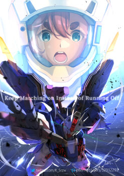 Rule 34 | 1girl, commentary, english text, green eyes, gundam, gundam aerial rebuild, gundam aerial slap (meme), gundam suisei no majo, helmet, looking at viewer, mecha pilot suit, meme, mobile suit, normal suit (gundam), pilot helmet, pilot suit, pixiv id, pixiv logo, red hair, serike w, signature, suletta mercury, thick eyebrows, twitter logo, twitter username, v-fin