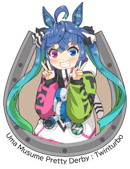 1girl @_@ ahoge animal_ears animal_hood aqua_hair black_jacket blue_eyes blue_hair blunt_ends blush character_name clothes_writing commentary_request copyright_name crossed_bangs double_v fang gradient_hair green_hair green_sleeves grin haniwa_(leaf_garden) heterochromia highres hood hood_down hooded_jacket horse_ears horseshoe jacket long_hair long_sleeves multicolored_hair multicolored_jacket pink_sleeves purple_eyes rabbit_hood raglan_sleeves raised_eyebrows sidelocks simple_background smile solo stuffed_animal stuffed_rabbit stuffed_toy twin_turbo_(blast_mode!_turbo_engine)_(umamusume) twin_turbo_(umamusume) twintails umamusume v very_long_hair white_background white_jacket