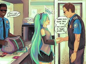 1girl 2boys absurdres apologizing aqua_hair aqua_necktie aqua_trim badge bag bare_shoulders black_bag black_hair black_necktie black_skirt black_sleeves black_vest blue_shirt blush breast_pocket brown_hair closed_eyes collared_shirt conveyor_belt dark-skinned_male dark_skin derivative_work detached_sleeves duffel_bag english_text facing_another from_side good_end grey_pants grey_shirt hair_ornament handshake hatsune_miku heart highres indoors long_hair long_sleeves metal_detector multiple_boys necktie open_mouth pants passport pleated_skirt pocket profile puuumkin security_checkpoint security_guard shirt short_hair short_sleeves skirt sleeveless sleeveless_shirt smile sparkle sparkling_aura speech_bubble spoken_heart standing sunglasses too_many transportation_security_administration twintails united_states very_dark_skin very_long_hair vest vocaloid watch world_is_mine_(vocaloid) worldwide_miku wristwatch x-ray_machine