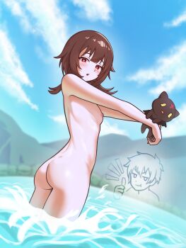1girl :t animal ass bare_shoulders breasts brown_hair cat chomusuke completely_nude day highres holding holding_animal holding_cat kono_subarashii_sekai_ni_shukufuku_wo! loli looking_at_viewer megumin nipples nude nyunyuru ocean outdoors red_eyes satou_kazuma skinny_dipping sky small_breasts smile solo_focus wading water