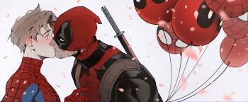 2boys balloon black_bodysuit black_choker blue_bodysuit blush bodysuit brown_eyes brown_hair character_balloon choker covered_collarbone danmo222 deadpool deadpool_(series) french_kiss highres katana kiss looking_at_another male_focus marvel multicolored_bodysuit multiple_boys petals peter_parker red_bodysuit red_mask short_hair simple_background spider-man spider-man_(series) spider_web_print superhero_costume sword two-tone_bodysuit upper_body weapon weapon_on_back white_background yaoi