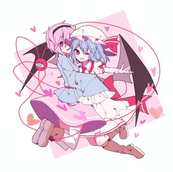 2girls ;d ascot bat_wings bing_zizi blue_hair blue_shirt blush boots bow brown_boots commentary frilled_hat frilled_sailor_collar frills hat hat_ribbon heart jumping komeiji_satori looking_at_viewer mob_cap multiple_girls one_eye_closed open_mouth outstretched_arm pink_hair pink_skirt red_ascot red_bow red_ribbon remilia_scarlet ribbon sailor_collar shirt skirt smile symbol-only_commentary thighhighs third_eye touhou white_hat white_shirt white_skirt white_thighhighs wings yuri