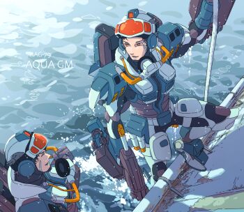 Rule 34 | 2boys, 8823, ^ ^, aqua gm, armor, cable, closed eyes, grey hair, gun, gundam, gundam msv, highres, holding, holding gun, holding mask, holding weapon, humanization, looking to the side, male focus, mask, mecha danshi, multiple boys, open mouth, orange eyes, partially submerged, power armor, rust, smile, unworn mask, water, weapon