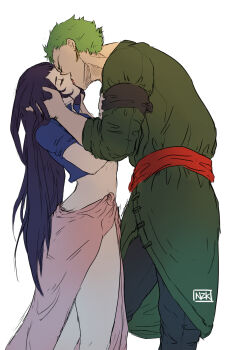 1boy 1girl 2018 artist_name black_hair blue_jacket closed_eyes cropped_jacket earrings green_kimono hetero highres jacket japanese_clothes jewelry kimono kiss long_hair nico_robin nico_robin_(return_to_sabaody) nzkn one_piece pink_sarong red_sash roronoa_zoro sarong sash short-sleeved_jacket short_hair short_sleeves signature simple_background white_background