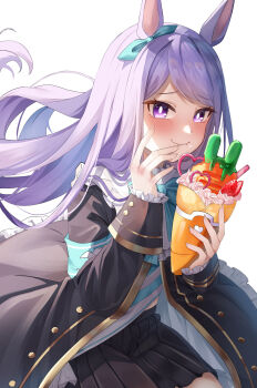 1girl animal_ears aqua_bow aqua_ribbon black_jacket black_skirt blue_shirt blush bow carrot closed_mouth coat crepe ear_bow ear_ribbon food food_on_face frilled_coat frilled_jacket frills fruit highres holding holding_crepe holding_food horse_ears horse_girl jacket long_hair long_sleeves looking_at_viewer mejiro_mcqueen_(frontline_elegance)_(umamusume) mejiro_mcqueen_(umamusume) no_tail paku_paku_desuwa pleated_skirt purple_eyes purple_hair ribbon shirt simple_background skirt smile solo strawberry striped_clothes striped_shirt umamusume white_background white_shirt yume_30_31