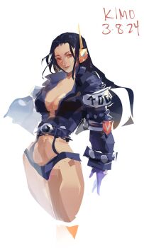 Rule 34 | 1girl, black hair, black jacket, black panties, blue gloves, breasts, cleavage, commentary, cowboy shot, gloves, headphones, high collar, highres, jacket, jeunny, long hair, looking at viewer, nico robin, one piece, panties, simple background, smile, solo, underwear, white background