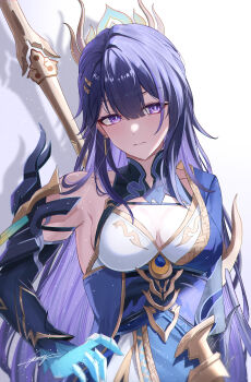 Rule 34 | 1girl, absurdres, arm armor, blue kimono, breasts, chinese clothes, cleavage, closed mouth, colored extremities, commentary, earrings, hair ornament, hand on own hip, headgear, highres, honkai (series), honkai impact 3rd, japanese clothes, jewelry, kimono, long hair, looking at viewer, medium breasts, miya-chan (lightning0730), polearm, purple eyes, purple hair, raiden mei, ringed eyes, signature, single bare shoulder, single off shoulder, solo, upper body, weapon