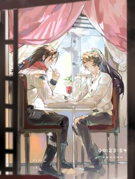 2boys absurdres black_boots black_eyes black_hair black_pants black_shoes blue_eyes boots chair character_request check_character collared_shirt commentary_request curtained_hair curtains eating full_body glass glasses hair_over_one_eye hand_on_own_shoulder hand_on_table heterochromia highres hong_lu_(project_moon) jia_qiu_(project_moon) limbus_company long_hair male_focus multiple_boys on_chair pants ponytail project_moon rectangular_eyewear red_scarf round_table scarf shirt shoes shoggoth_(sirens20211) table timestamp white_shirt window