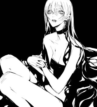 1girl bare_arms black_background blood blood_from_mouth breasts bruise bruise_on_chest choker cleavage fingernails greyscale hair_between_eyes highres injury knees_up lips long_hair looking_at_viewer monochrome original parted_lips simple_background sitting small_breasts solo strapless teeniika tube_top wispy_bangs