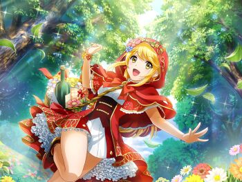 1girl basket blonde_hair bottle bow bowtie capelet corset cosplay dress dutch_angle earrings game_cg hood hood_up hooded_capelet jewelry little_red_riding_hood_(fairy_tale) little_red_riding_hood_(fairy_tale_character) little_red_riding_hood_(fairy_tale_character)_(cosplay) looking_at_viewer official_art ootsuki_aruru open_mouth outstretched_arm red_bow red_bowtie red_capelet red_dress red_shoes shoes shoujo_kageki_revue_starlight shoujo_kageki_revue_starlight_-re_live- sidelocks solo standing standing_on_one_leg tree upper_body yellow_eyes