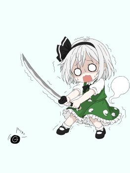 1girl asyu_jp black_bow black_bowtie black_hairband black_shoes blue_background bow bowtie bug chibi chibi_only cockroach collared_shirt commentary_request frilled_skirt frills full_body green_skirt green_vest grey_hair hairband highres hitodama hitodama_print holding holding_sword holding_weapon insect katana konpaku_youmu konpaku_youmu_(ghost) mary_janes medium_hair o_o puffy_short_sleeves puffy_sleeves scared shaded_face shirt shoes short_sleeves simple_background skirt skirt_set socks solo sweat sword touhou translation_request trembling vest weapon white_shirt white_socks