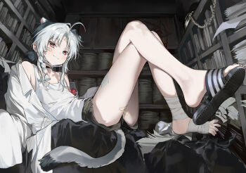1boy absurdres ahoge androgynous bandaged_foot bandaged_leg bandages bandaid bandaid_on_face bare_legs black_choker blush bookshelf braid braided_sidelock cat_boy cat_tail choker closed_mouth crossed_legs eyelashes feet flip-flops full_body highres indoors legs long_legs long_sleeves looking_at_viewer male_focus open_clothes open_shirt original parted_bangs ponytail sandals seeshin_see short_ponytail short_shorts shorts sitting sleeves_past_fingers sleeves_past_wrists smile solo tail tank_top thighs toenails toes white_tank_top