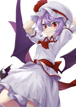 1girl akisome_hatsuka arms_up ascot bat_(animal) bat_wings commentary_request fangs grin hat hat_ribbon mob_cap pointy_ears purple_hair red_ascot red_eyes red_ribbon remilia_scarlet ribbon shirt short_hair simple_background skirt smile solo touhou white_background white_hat white_shirt white_skirt wings