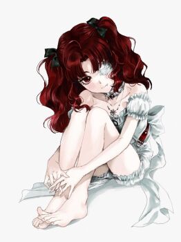 1girl :> ahoge bandage_over_one_eye bare_legs bare_shoulders barefoot belt black_bow bloomers blubrychry blush bow collar collarbone colored_eyelashes commentary detached_collar dorsiflexion fang fang_out full_body gem hair_bow head_tilt highres jewelry long_hair looking_at_viewer loose_hair_strand middle_part necklace one_eye_covered original own_hands_together pajamas pale_skin parted_bangs puffy_short_sleeves puffy_sleeves red_belt red_eyes red_gemstone red_hair sanpaku shirt shirt_bow short_sleeves sidelocks sitting solo symbol-only_commentary twintails underwear wavy_hair white_background white_bloomers white_bow white_collar white_pajamas white_shirt