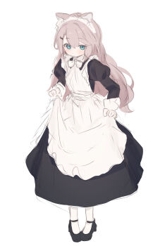 Rule 34 | 1girl, absurdres, animal ears, apron, apron hold, black dress, black shoes, blue eyes, blush, brown hair, closed mouth, dress, full body, hair between eyes, hair ornament, hairclip, highres, juliet sleeves, long hair, long sleeves, looking at viewer, maid, maid apron, maid headdress, original, pantyhose, puffy sleeves, riya (01214), shoes, simple background, sketch, solo, standing, very long hair, white apron, white background, white pantyhose