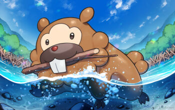 aoiusi27 bidoof cloud commentary_request dam day full_body gen_4_pokemon happy mouth_hold nintendo no_humans outdoors partially_underwater_shot pokemon pokemon_(creature) pokemon_focus sky smile solo watermark