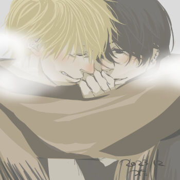 2boys black_hair blonde_hair blush breath chainsaw_man denji_(chainsaw_man) ear_piercing hug male_focus multiple_boys piercing short_hair smile tsutakichi_02 yaoi yoshida_hirofumi