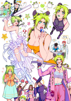 ... absurdres alternate_costume aqua_dress backless_dress backless_outfit bandaid bandaid_on_face baseball_bat black_hair bow braid braided_bun braided_ponytail breasts bun_with_braided_base camisole choker closed_mouth coat double_bun dress ermes_costello fishbowl foo_fighters_(jojo) gakuran gem green_camisole green_hair hair_bun heart heart_o-ring higashikata_josuke highres holding holding_baseball_bat jean_pierre_polnareff jojo_no_kimyou_na_bouken kakyoin_noriaki kuujou_jolyne kuujou_joutarou liuye_dao long_hair medium_breasts midriff narciso_anasui navel o-ring o-ring_choker one_eye_closed open_mouth orange_bow pants parted_lips pink_coat pink_hair pink_pants pompadour print_coat sarashi school_uniform sleeveless sleeveless_dress solo_focus speech_bubble spoken_ellipsis star-shaped_pupils star_(symbol) starfish symbol-shaped_pupils white_dress white_footwear