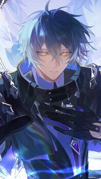 1boy antenna_hair bags_under_eyes black_capelet black_coat black_gloves blue_hair capelet chinese_commentary coat collared_shirt commentary_request flins_(genshin_impact) gem genshin_impact gloves hair_between_eyes hand_on_own_chest high_collar highres long_hair long_sleeves looking_at_viewer luningzi male_focus no_pupils parted_lips purple_gem purple_shirt reaching reaching_towards_viewer shirt solo straight-on upper_body yellow_eyes