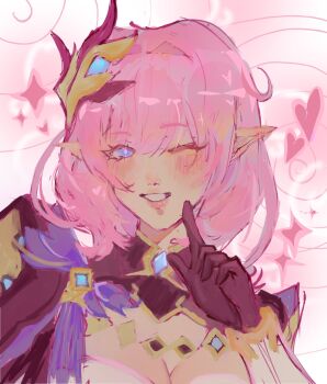 1girl ;o black_gloves blue_eyes breasts commentary corset elf elysia_(honkai_impact) elysia_(miss_pink_elf)_(honkai_impact) english_commentary gloves hair_ornament heart highres honkai_(series) honkai_impact_3rd large_breasts long_hair one_eye_closed pink_hair pointy_ears shrug_(clothing) smile solo tomatotheallmty upper_body white_corset