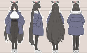 1girl back black_hair black_pants blue_archive blunt_bangs blush breasts coat commentary_request fur-trimmed_jacket fur_trim geneakarin hair_ornament hairclip halo hands_in_pockets heart highres huge_breasts jacket long_hair pants red_eyes reference_sheet rio_(blue_archive) shoes smile sweater turtleneck turtleneck_sweater very_long_hair white_shoes white_sweater winter_clothes winter_coat