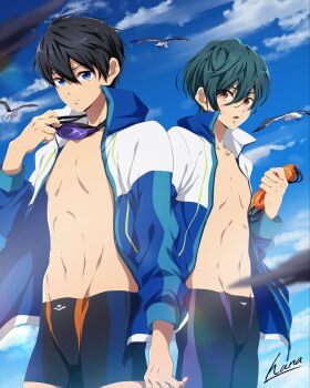 2boys aqua_hair bird black_hair black_male_swimwear blue_eyes blue_jacket closed_mouth commentary_request free! goggles goggles_around_neck hair_between_eyes hana_ni_nare highres holding holding_removed_eyewear jacket kirishima_ikuya long_sleeves male_focus male_swimwear multicolored_jacket multicolored_male_swimwear multiple_boys nanase_haruka_(free!) navel orange_eyes short_hair stomach unworn_eyewear white_jacket