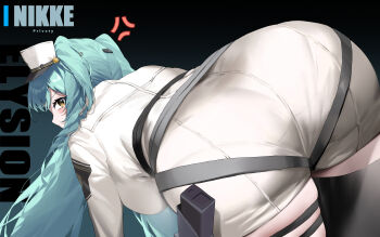 1girl absurdres anger_vein aqua_hair ass ass_focus bent_over blush breasts from_behind goddess_of_victory:_nikke hanbok625 hat highres holster huge_ass leaning leaning_forward long_hair looking_at_viewer military_hat military_uniform peaked_cap privaty_(nikke) solo twintails very_long_hair white_hat yellow_eyes