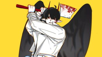 akigawasou black_hair black_shirt black_wings blood blood_on_face bloody_weapon butcher_vanity_(synthesizer_v) cleaver coat commentary double-parted_bangs feathered_wings grin hair_between_eyes hands_up holding holding_cleaver incoming_attack kim_dokja looking_at_viewer meme omniscient_reader&#039;s_viewpoint open_clothes open_coat parody pointy_ears popped_collar red_eyes shirt short_hair smile symbol-only_commentary upper_body weapon white_coat wings