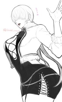 1girl ass breasts cleavage cleavage_cutout clothing_cutout curvy dress earrings female_focus fishnets fluffy hand_up heart huge_ass huge_breasts ittoki_mayoi jacket japanese_text jewelry large_breasts long_hair pale_skin shermie_(kof) skirt smile standing the_king_of_fighters thick_thighs thighs twintails