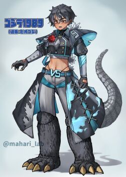 1989 1girl absurdres artist_name biker_gloves black_hair claws commentary cosplay dinosaur_girl fingerless_gloves flower flower_on_chest g-string genderswap genderswap_(mtf) gloves godzilla godzilla_(cosplay) godzilla_(series) godzilla_vs._biollante grey_hair highres humanization jacket kaiju long_tail mahari_lab midriff mole mole_under_eye monster monster_girl multicolored_eyes multicolored_hair navel open_mouth orange_eyes pants personification pointy_ears rose shadow short_hair simple_background spikes spines tail teeth thong toho translation_request two-tone_eyes two-tone_hair variant_set whale_tail_(clothing) white_background