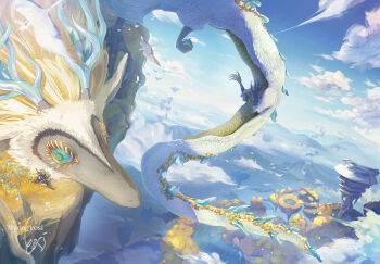 antlers bird blonde_hair cloud dragon dragon_horns eastern_dragon eyelashes floating_island flying horns light_dragon_(zelda) link looking_at_another mountainous_horizon nintendo scenery sitting spines sword sword_on_back the_legend_of_zelda the_legend_of_zelda:_tears_of_the_kingdom weapon weapon_on_back yon_yosi