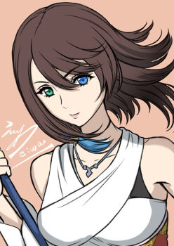 1girl blue_eyes brown_hair eiwa final_fantasy final_fantasy_x green_eyes heterochromia solo yuna