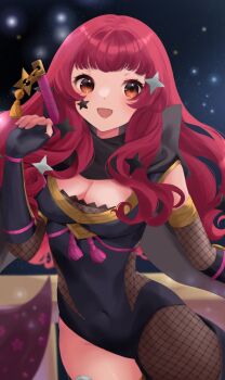 1girl asymmetrical_legwear black_scarf blush bodystocking breasts cleavage commentary_request ell_0314 facial_mark fire_emblem fire_emblem_engage fire_emblem_heroes fishnet_bodystocking fishnets gradient_scarf hair_ornament highres japanese_clothes large_breasts long_hair looking_at_viewer ninja nintendo official_alternate_costume open_mouth red_eyes red_hair scarf shuriken shuriken_hair_ornament smile solo star_(symbol) star_facial_mark star_hair_ornament sword thighhighs thighs uneven_legwear weapon yunaka_(fire_emblem) yunaka_(stealthy_imitator)_(fire_emblem)