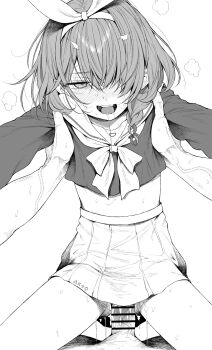 1boy 1girl arona_(blue_archive) bar_censor blue_archive blush braid censored commentary_request covered_penetration cum daiji_pt greyscale hair_over_one_eye hairband halo heart heart_halo hetero highres long_sleeves looking_at_viewer monochrome open_mouth penis pleated_skirt pov sailor_collar saliva school_uniform serafuku sex simple_background single_braid skirt sweat teeth upper_teeth_only veins veiny_penis white_background