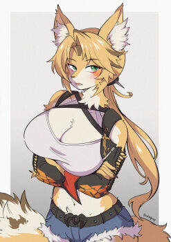 1girl animal_ear_fluff animal_ears arms_under_breasts blonde_hair blue_shorts blush body_fur breasts cat_ears cat_girl cat_tail cleavage coldsyrup commentary_request furry furry_female green_eyes highres large_breasts long_hair looking_at_viewer open_mouth ponytail pulchra_fellini shirt shorts solo tail white_shirt yellow_fur zenless_zone_zero
