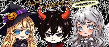 Rule 34 | >:), 1boy, 2girls, :3, :d, absurdres, alternate costume, angel and devil, black eyes, black hair, blonde hair, blue eyes, cassie (shadow slave), catphine, chibi, chibi only, commentary, demon horns, double-parted bangs, english commentary, feathered wings, frills, grey eyes, hair between eyes, halo, happy halloween, hat, highres, horns, long hair, looking at viewer, multiple girls, nephis (shadow slave), open mouth, shadow slave, short hair, smile, sunny (shadow slave), upper body, v-shaped eyebrows, white hair, white wings, wings, witch hat