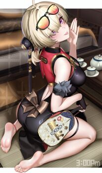 1girl :p absurdres barefoot blonde_hair blush china_dress chinese_clothes cup dress eyewear_on_head feet hand_fan highres looking_at_viewer medium_hair paper_fan purple_eyes soles sweety_(zenless_zone_zero) teacup teapot tinted_eyewear toes tongue tongue_out uchiwa ushiko_xiansheng zenless_zone_zero