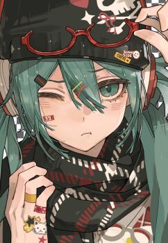 Rule 34 | 1girl, absurdres, adjusting eyewear, alternate costume, aqua eyes, aqua hair, bandaid, bandaid on finger, bandaid on hand, beanie, black hat, black scarf, chouti ttt, close-up, closed mouth, commentary, english commentary, eyewear on head, hair between eyes, hair ornament, hair over shoulder, hairclip, hat, hatsune miku, headphones, highres, jewelry, long hair, looking at viewer, one eye closed, portrait, pout, print shirt, red-framed eyewear, ring, scarf, shirt, sidelocks, skull print, solo, sticker, sticker on hand, streetwear, twintails, vocaloid, white shirt, x hair ornament